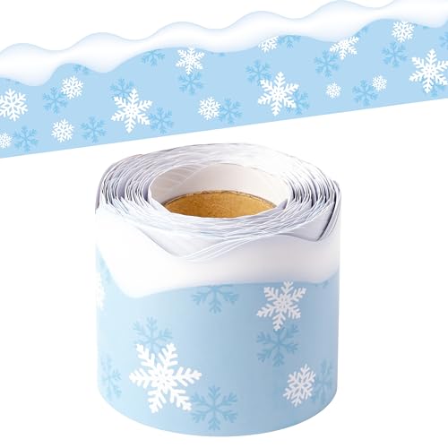 Image of BeYumi Winter Snowflake Border Trim - 65ft Winter Snowflake Scalloped Rolled Border Trim Light Blue Christmas Bulletin Board Borders School Classroom Office Chalkboard Decor Party Decoration