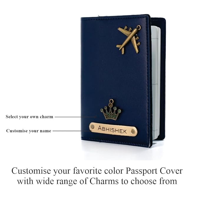 Image of Personalized Passport Cover with Name & Charm, Tan Travel Passport Holder for Men & Women, Premium Leatherette Case for Documents & Cards (Navy Blue)
