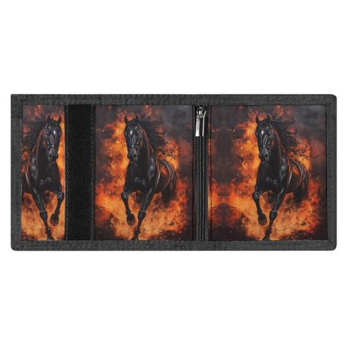 Black Horse Galloping through Flames Trifold Wallets for Men Women Ultra Thin Card Holder Purse with Zip Coin Pocket4