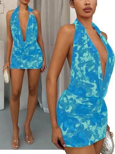 Image of OYOANGLE Women's Sexy Deep V Halter Dress Floral Bodycon Club Mini Dresses