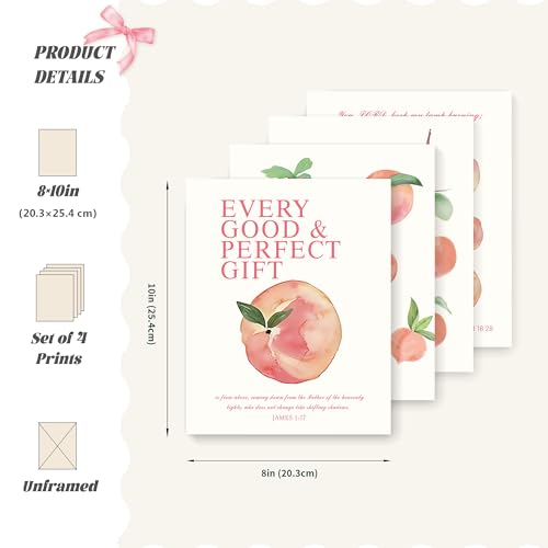 Image of LARTSFRO Coquette Pink Peach Fruits Wall Art Decor Posters, Cute Pink Peach Christian Room Bathroom Bedroom Dorm Wall Art Decor Aesthetic for College Teen Girls Gifts, Inspirational Bible Verses Wall Decor, 10x8 Inch Set of 4 Pcs Fruits Pictures (UNFRAMED)