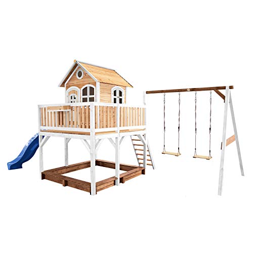 AXI Spielhaus Liam mit Sandkasten, Doppelschaukel & Blauer Rutsche | Stelzenhaus XXL in Braun & Weiß aus FSC Holz für Kinder | Spielturm mit Wellenrutsche & Schaukel für den Garten