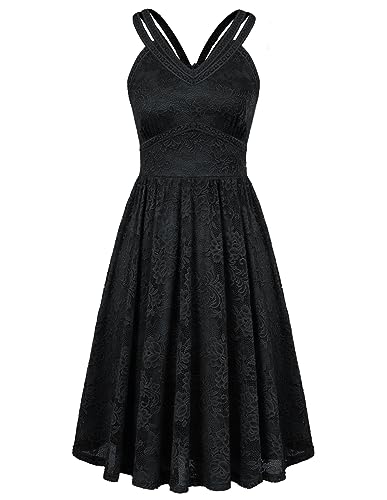 GRACE KARIN Black Cocktail Dress Womens Sexy V Neck Spaghetti Strap Sleeveless Evening Dress Flowy Lace Formal Dress,Black,14