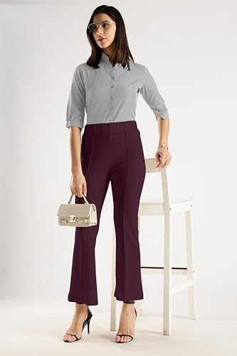 Image of SWADESI STUFF Women's Bell Bottom Trousers - High Waisted Wide Leg Palazzo Pants | Stretchy Cotton Blend Retro Pants for Casual, Office, Party