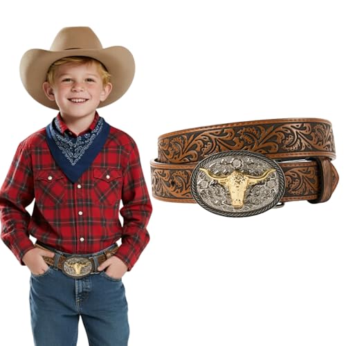 Kids Western Cowboy Belt for Boys Girls–Adjustable Embossed Leather Belt with Longhorn Bull Buckle Toddler Youth