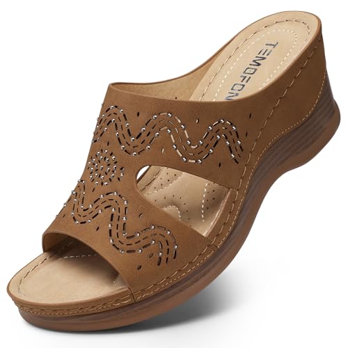 Image of TEMOFON Women Wedge Sandals Dressy: Comfortable Lightweight Summer Shoes | Low Wedge Heel - Fit Wide Feet - Comfy Stylish Slip on Sandals Size 5-11