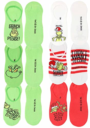 Dr. Seuss Grinch No-Show Socks - 6-Pack of Knitted-In Graphic Socks Womens Shoe Size 7-12