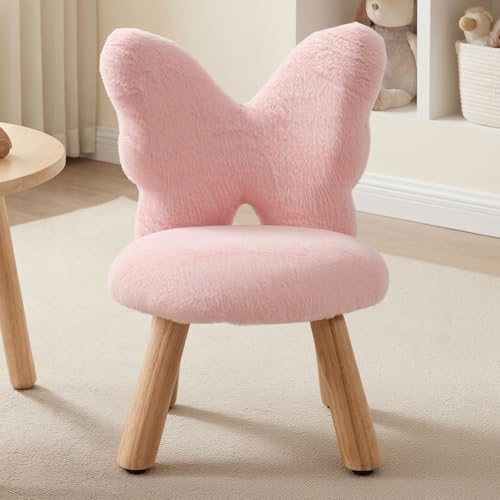 chairus Kindersessel für Kinderzimmer Kunstfell Kindersofa Schmetterling, Kinderstuhl mit Holzbeine Gepolsterter Kindercouch für Spielzimmer, Rosa
