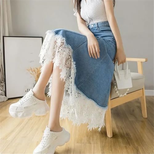 Women's Lace Patchwork Denim Skirt Woman High Waist Midi A-Line Skirt4