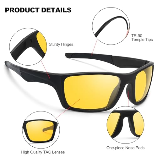 IGnaef Wrap Around Sports Night Vision Glasses for Men Women, Polarized Anti Glare Yellow Glasses IF10824