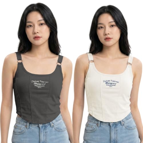 Image of Celary Women's Ribbed Adjustable Strap Camisole Padded ||Soft Stretch Cotton Tank Top Trendy Sleeveless Top for Girls & Women||J'Adore Forever Embroidery||Casual Summer Wear