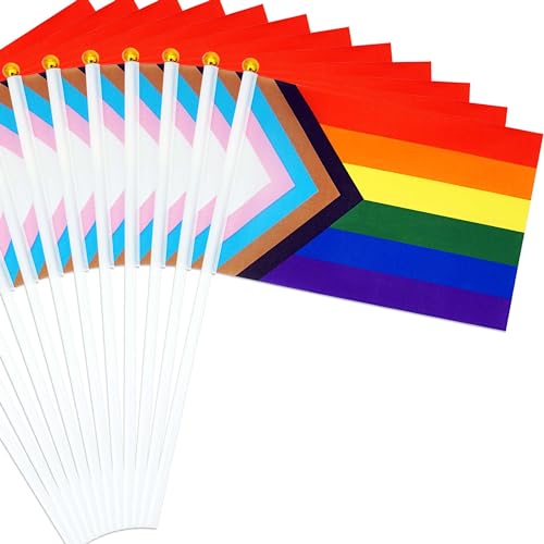 12 Pack Pride Flags Progress Rainbow Pride Flag Small Flag Pride Month Accessories Gay LGBTQ Stick Flag USA American Rainbow Flag Hand Held Flags Decorations for Parades Rainbow Festival