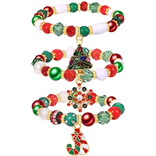 NLCAC Christmas Bracelets for Women Xmas Tree Snowflake Candy Cane Charm Bracelets Red Green White Beaded Stretch Bracelets Christmas Jewelry Accessory Gifts