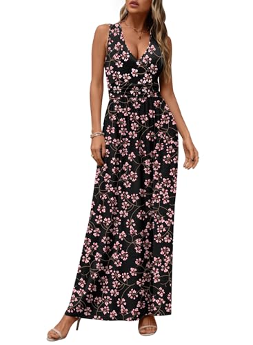CATHY Women's Casual Sleeveless Deep V Neck Beach Waist Maxi Dresses with Pockets, L, Fl Gypsophila Black