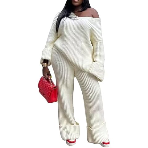 Tbahhir Women's 2 Piece Outfits Sweater Lounge Sets Pullover Long Sleeve Knit Tops Wide Leg Pants Tracksuit Sweatsuit Cover