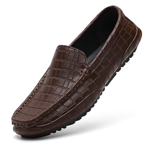 Men's Penny Loafers Crocodile Pattern Leather Loafers Soft Lightweight Black Slip-On Driving Moccasins Boat Shoes