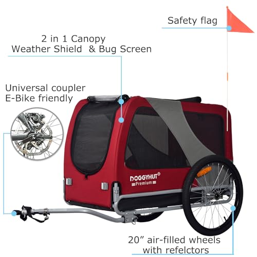 DOGGYHUT® Premium XL Hundefahrradanhänger bis 45 kg Fahrradanhänger für Hunde Hundeanhänger für Fahrrad große Hunde 80103 (ROT/SCHWARZ)