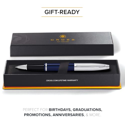 Image of Cross Calais Chrome & Blue Refillable Rollerball Pen - Medium Point, Black Ink, Smooth Writing, Presented in a Luxury Gift Box