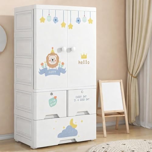 Image of Strassis Design 4- Door Plastic Wardrobe for Kids| Almirah and Wardrobe for Baby Clothes| Modular Storage Cabinet with Wheel Organizer for Cupboard Rack for Clothes /Shoes /Books /Toy (Lion)