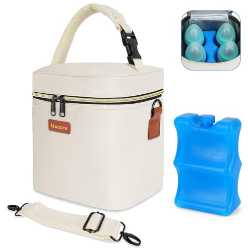 Image of Mancro Breastmilk Cooler Bag for Travel, Fits 4 Baby Bottles Up to 9 Ounce, Baby Bottle bag with Ice Pack, Insulation Breast Milk Cooler Travel, Cream