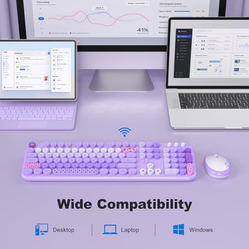 Image of Wireless Keyboard and Mouse Combo, MOWUX Full Size Typewriter Retro Round Computer Keyboard, Cute Optical Mouse Wireless, Plug and Play, for Laptop, PC, Computer- Purple Heart