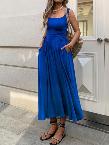 Image of Mieazom Women's Boho Summer Maxi Dress with Pockets, Adjustable Waist, Sleeveless Casual Ruched Sundress for Beach Vacation