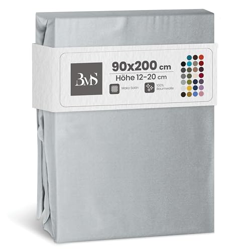 Bettwaesche-mit-Stil Mako Satin Spannbettlaken Spannlaken Spannbetttuch (90 cm x 200 cm, Matratzenhöhe 12-20 cm, Grau)