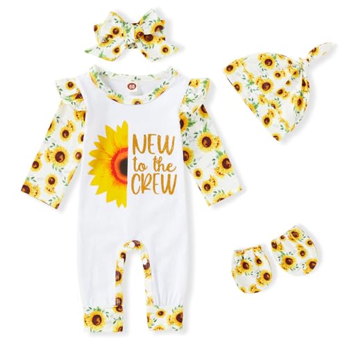 Image of GRNSHTS Newborn Baby Girl Romper Infant Letter Print Jumpsuit Floral Bodysuit+Hat+Headband+Gloves Coming Home Clothes Outfits