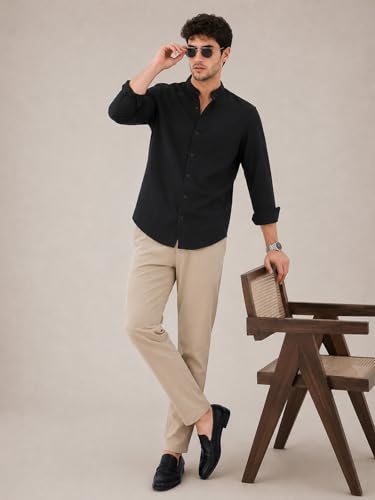 Image of Veirdo Men's Stylish Solid Casual Shirt | Chinese Collar Pure Cotton | Available in Black, Brown, Rust, Olive, White & Navy | Sizes S to XXL