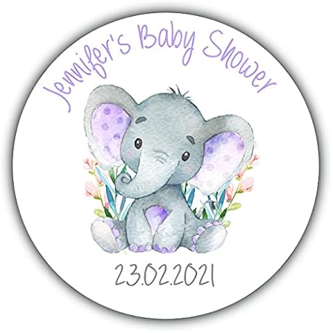 Personalised Baby Shower Stickers for Party Sweet Favour Gift Bags Seals Watercolour Elephant Lilac (35 x Round 37mm Small) Cover