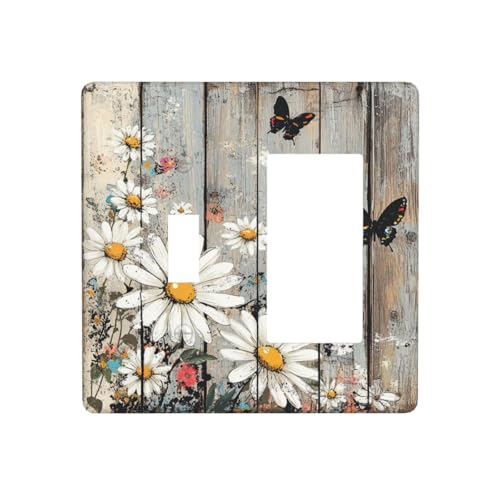 Xuejiaku Light Switch Cover Retro Wood Texture Daisy Flowers Butterfly 2 Gang To