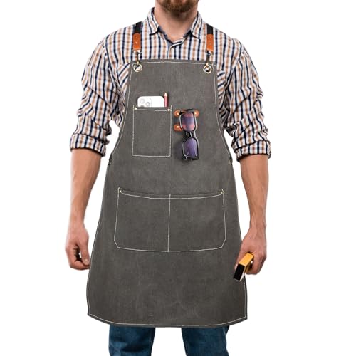 Rtcimoic Mens & Womens Work Aprons With Pockets For Bartenders Hairdressers Florists Chefs Gardeners Gardening Apron Waiters Canvas Apron With Adjustable Straps (Dark Grey)