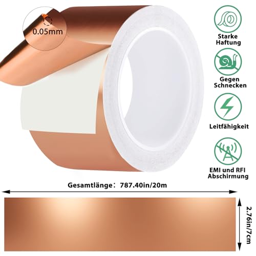Nepfaivy Schneckenschutz Kupferband gegen Schnecken Selbstklebend- 70mm × 20m Schneckenabwehr Kupferband Hochbeet Gärten Balkone für Pflanzenschutz, Kupferfolieband EMI Abschirmband 2