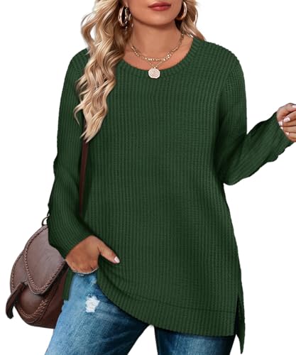 Image of RITERA Plus Size Women Sweaters Waffle Knit Pullover Top Long Sleeve Casual Crewneck Shirt Loose Split Hem Fall Winter Blouse