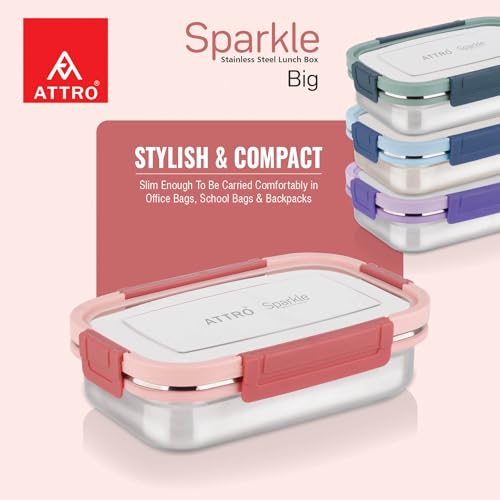 Image of ATTRO Sparkle Big Stainless Steel Lunch Box 2-Piece Set - 900ml + 200ml - Leak-Proof, BPA-Free, Compact & Durable - Ideal for Kids, Office, Travel - Peach