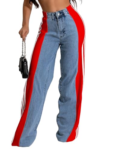 Conshvi Womens Baggy Wide Leg Jeans High Waisted Patchwork Jeans Stretchy Stripes Straight Leg Denim Pants3