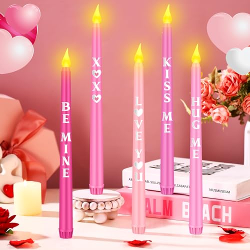 Image of Aurelema 5 Pcs Valentines Day LED Flameless Candle Set Valentine Day Conversation Flameless Taper Candles with Words Battery Operated Seasonal Celebration with Remote for Wedding Romantic Night