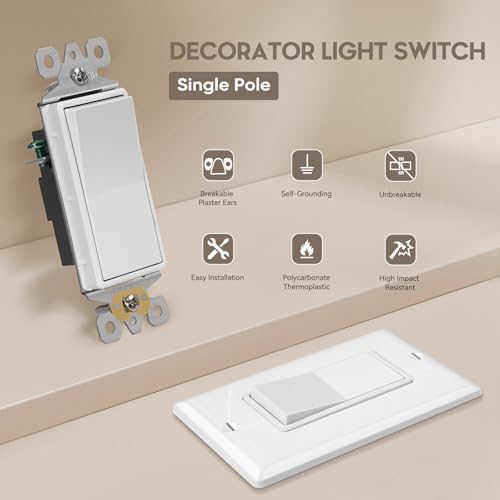 Image of ECOELER Electrical Rocker Light Switch, Single Pole Decorator Paddle Wall Switches, 15A 120 /277V, Self-Grounding, On /Off Rocker Paddle Interrupter for Residential and Commercial, White, 20 Pack