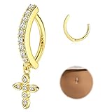 FIBO STEEL 14K Gold Plated Belly Button Rings for Women Clicker Dangle Belly Rings CZ Pearl Star Shells Barbell Navel Rings 316L Surgical Steel Belly Piercing Jewelry 14G Cross Dangle