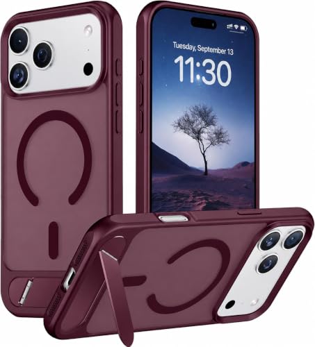 Image of Elzzi Translucent Matte Kickstand Case for iPhone 17 Pro Max, Built-in Adjustable Stand, Translucent Matte Magnetic Mag-Safe Shockproof Phone Cover (Cherry - Kickstand)
