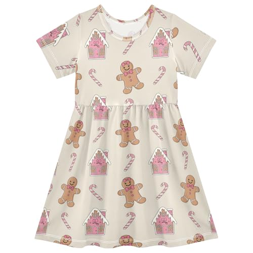 Girls Summer Dress Short Sleeve A Line Gingerbread Houses and Candy Canes Casual Dresses for Kids 2-8 Years