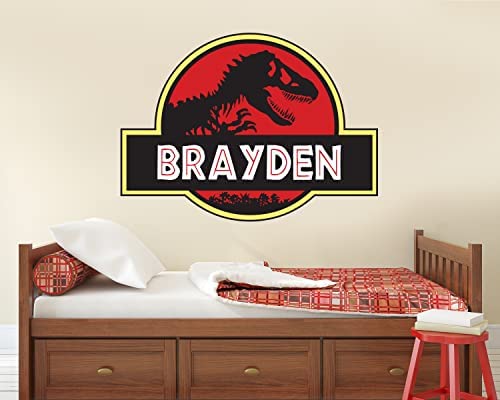 Decalzone Inc Personalized Name Jurassic Era Wall Decal - Custom Dinosaur T-Rex Wall Decor - Dinosaur Wall Art Design Kids Room Bedroom Art Mural Vinyl Wall Sticker (32inchW x 24inchH)
