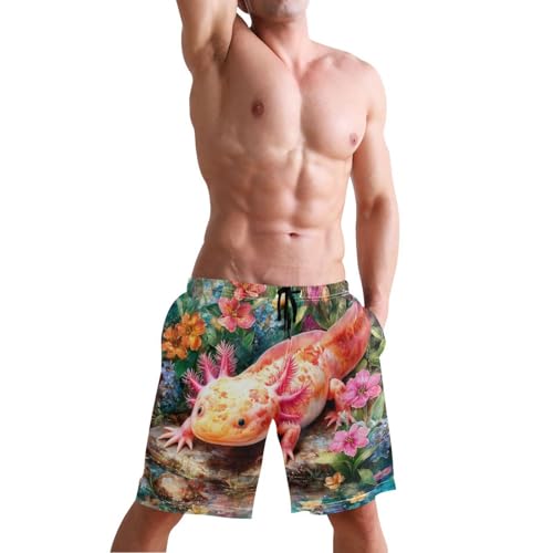 Men's Swim Trunks Quick Dry Swimming Shorts with Pocket Colorful Axolotl in Floral Garden Swimsuit Trunks4