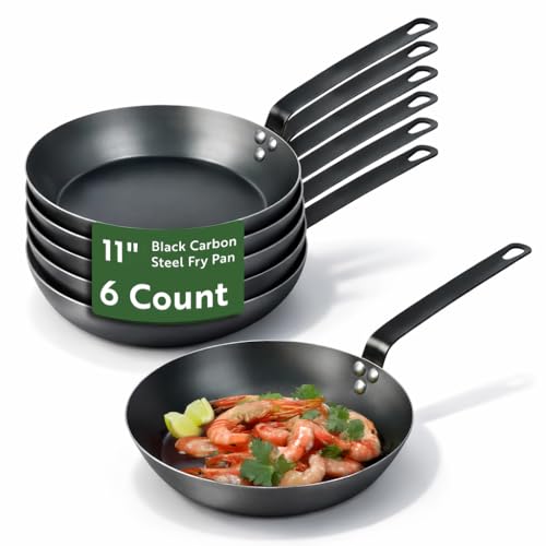 Restaurantware-Met Lux 11 Inch Fry Pans, 6 Lightweight Frying Pans - Induction-Ready, Triple-Riveted, Black Carbon Steel Cooking Skillets, Durable, For Searing, Sauteing, And Browning Food