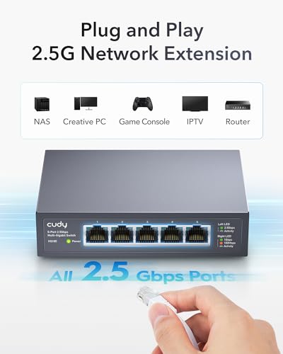 Image of Cudy 5-Port Multi-Gigabit Ethernet Switch, Full 2.5Gbps Ports, Loop Detection, 802.3az Energy Saving, Desktop or Wall Mount, Fanless Design, HS105