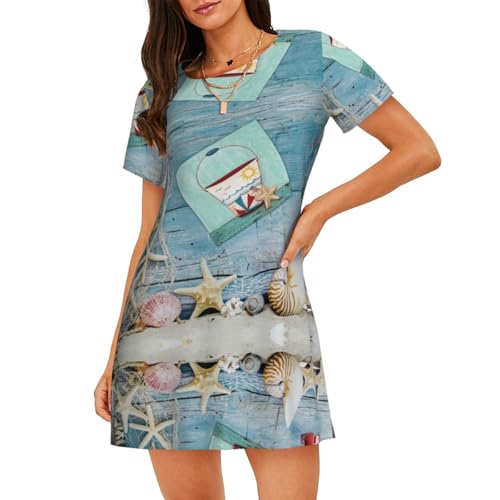 Image of ALLiYa Lighthouse Beach Women'S Short-Sleeved Nightdress Summer Family Casual Essentials Dress Home Clothes Black