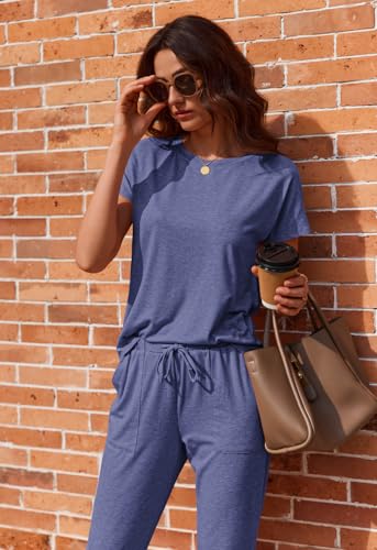 Image of Ekouaer 2 pack Womens Pajama Short Sleeve Jogger Pants Pjs Lounge Set | Pajama Sets with Pockets Comfy Sleepwear for Daily Wear, Sleep, Home, Sport, Workout