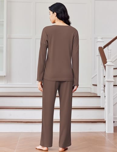 Ekouaer Womens Waffle Knit Pajamas Loungewear Two-piece Sleepwear Button-Down Pj Set with Pockets2