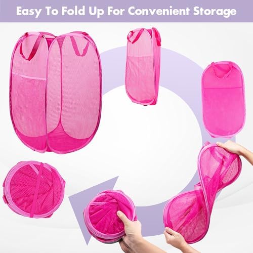 DUCOO Pop Up Laundry Hamper, 70L Collapsible Mesh Laundry Basket with Side Pocket, Foldable Dirty Clothes Hamper with Sturdy Reinforced Handles for Home Dorm Bedroom Travel Storage, Pink, 2Pack — view 4
