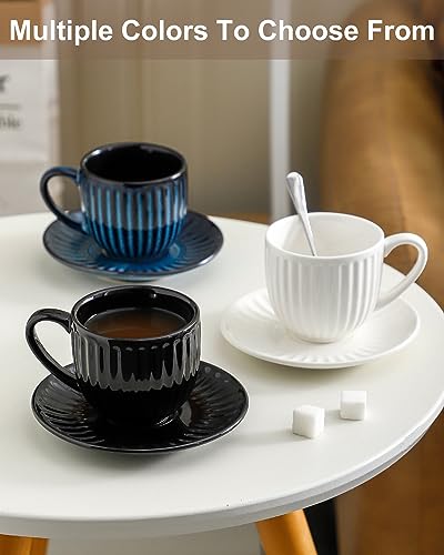 Hasense RIBBED-6-N Ceramic Cappuccino Cups And Saucers Set Of 4, Ribbed 6 Oz Demitasse Tea Cup With Big Handle, Mugs Set For Coffee,Tea,Latte And Mocha, Aesthetic Gift For Anniversary Or Holiday thumb #4